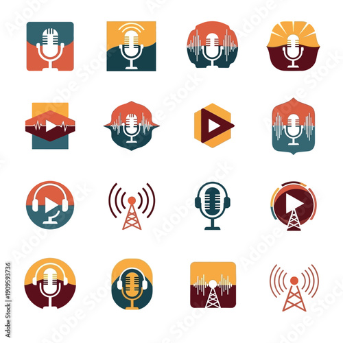 Collection of 16 various podcast and radio icons in orange, yellow, and teal colors on a white background with a mix of microphone, play button, and broadcast tower graphics.