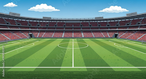 Vibrant Cartoon Soccer Stadium Illustration with Green Field and Red Seating