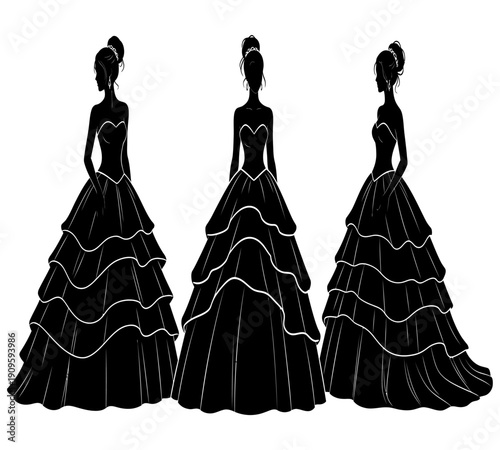 Elegant silhouettes of three women in extravagant layered ballgowns against a white background high quality professional