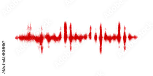 A vibrant red digital heart beat wave illustration featuring a blue audio equalizer waveform and frequency pulse graph design on a clean white technology backdrop