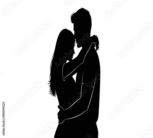 A silhouetted couple embraces in a tender moment their forms merging into a single shape