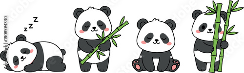 Cute panda characters set with sleeping sitting and eating bamboo playful cartoon vector illustration for kids nursery animal designs