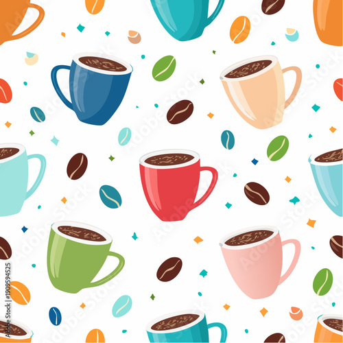 Coffee bean mug cup memphis seamless pattern white background