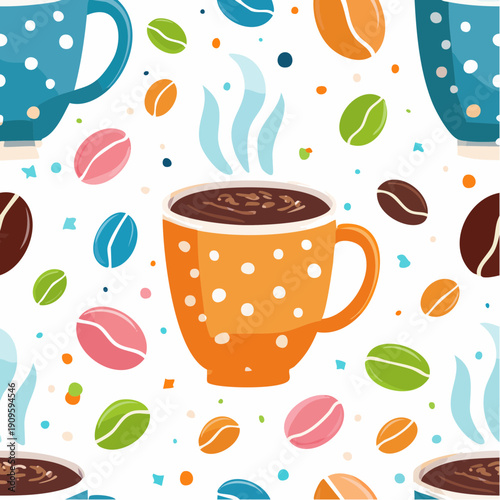 Coffee bean mug cup memphis seamless pattern white background