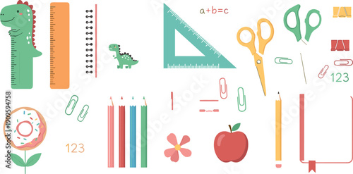 Cute school supplies illustration with ruler scissors pencils paper clips numbers and playful elements flat vector design for education classroom and kids learning projects