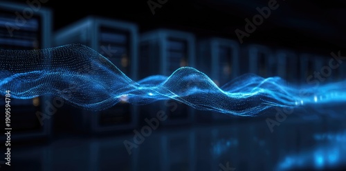 Glowing blue digital data wave moving through enterprise server racks, idea for AI cloud computing, real time data processing and secure IT network infrastructure background