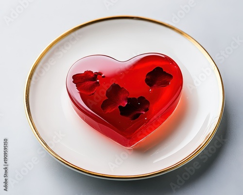 Wallpaper Mural A heart-shaped red jelly dessert on a white plate with gold trim viewed from directly above on a gray surface Torontodigital.ca