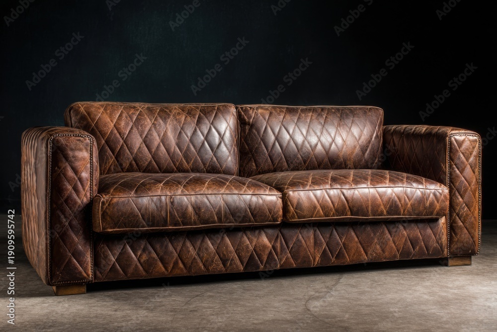 Fototapeta premium Leather sofa in a studio setting with dark background and soft lighting highlighting its texture and design during evening hours