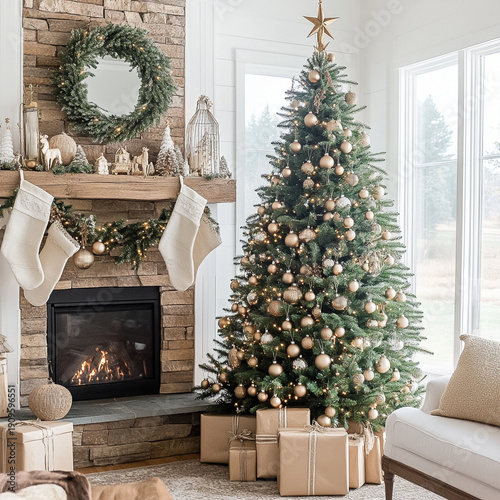 beautifully decorated Christmas tree adorned with gold ornaments stands next to cozy fireplace. warm ambiance is enhanced by festive stockings and wrapped gifts, creating joyful holiday scene