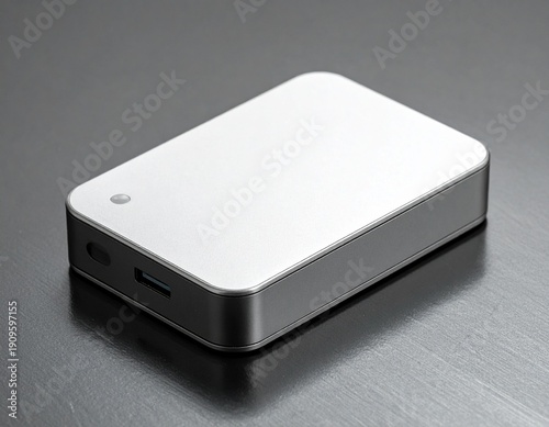 External hard drive on a sleek metallic surface viewed from an angle showcasing its ports and compact design