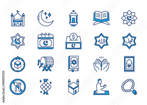 Ramadan thin blue icon set. Containing mosque, crescent moon, lantern, quran, islamic ornament, islamic frame, charity