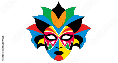 Vibrant and colorful tribal mask with intricate patterns and feather-like headdress