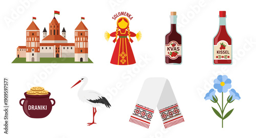 Collection of Belarusian cultural symbols and landmarks in a flat design style