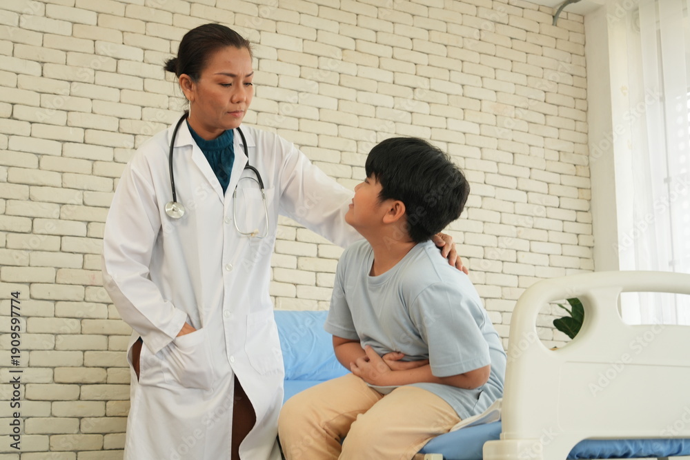 Obraz premium An Asian female doctor came to examine and treat an overweight, sick boy who was sitting in a wheelchair at the hospital.