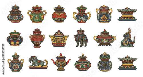 Collection of ornate, colorful ceramic vases and decorative objects in traditional Asian style