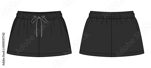 Minimal Black Sport Skirt Technical Fashion Illustration. Elastic Waist Lounge Skirt with Built-In Inner Shorts. Front and Back View CAD Vector Template.