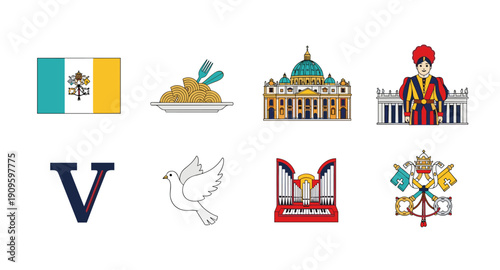Vatican City icons: flag, pasta, basilica, guard, organ, dove, and coat of arms