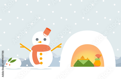 かまくらと雪だるまのある雪景色