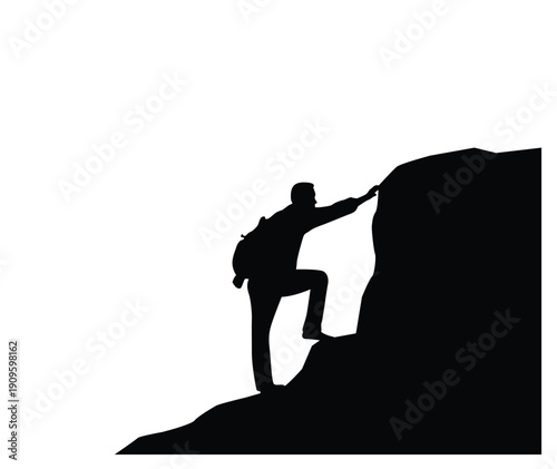 Mountain Climber with Backpack Climbing up a Cliff Silhouette. Sports and recreation, people at outdoor activities