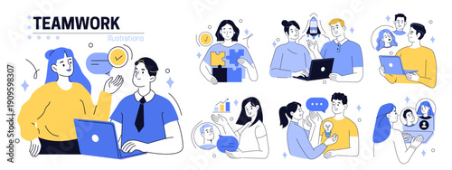 Teamwork, business, finance set. Characters solving problems, sharing goals and doing other team building activities. Vector illustration.