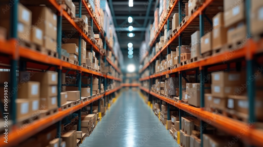 Fototapeta premium Warehouse aisle storing inventory for logistics management