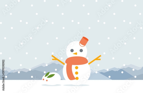 かわいい雪だるまと雪兎のいる冬の風景