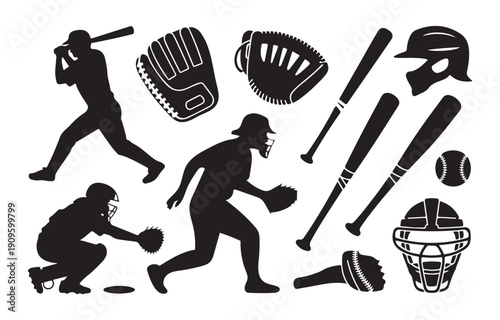 Baseball Silhouette Icon Set: Players, Gear, and Equipment for Sports Design
