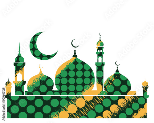 Islamic architecture silhouette with green polka dots and golden accents moon minarets mosque domes building ramadan kareem eid mubarak