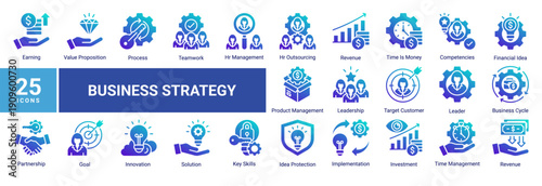 Business Strategy icon pack featuring professional icons focused on planning, leadership, teamwork, innovation, finance, and operational processes. Ideal for corporate projects, startups, presentation