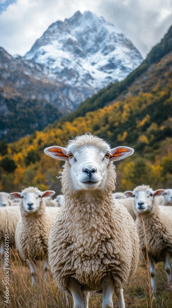 Fototapeta premium A charming flock of sheep against the backdrop of snow-capped mountains and autumn forests conveys the harmony of nature, making it a suitable natural backdrop for environmental initiatives 