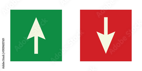 Green Upward and Red Downward Arrow Symbols in Square Boxes Representing Financial Growth Market Loss Business Trends and Economic Performance Indicators.