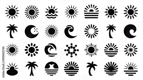 Summer emblem silhouettes black sun moon wave and palm tree logos on white background for graphic design