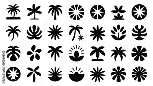 Collection of tropical summer brand mark silhouettes featuring palm trees flowers and sun symbols on white background for design and decoration