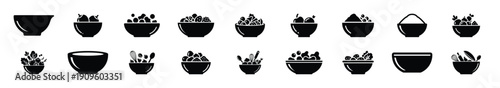 Collection of black   kitchen ingredient bowl silhouette isolated on white background. cooking vector illustration icons.