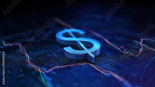 A three-dimensional silver dollar sign with metallic texture reflects light on Langmuir grid background featuring colorf