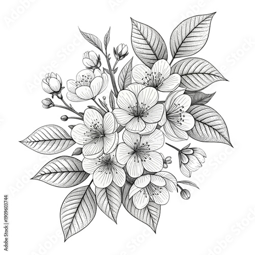 Hand drawn vector illustration of a vintage black floral sketch featuring a garden flower leaf and blossom pattern for a nature design
