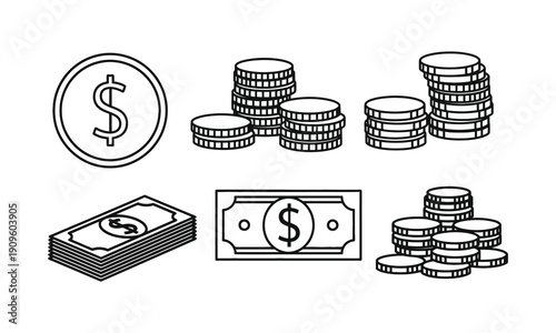 Money Iconography: Stacked Coins, Dollar Bills, and Monetary Symbols for Financial Concepts