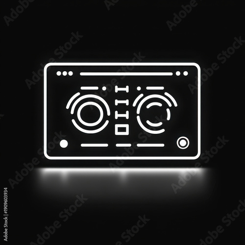 Neon sign glowing with white light.