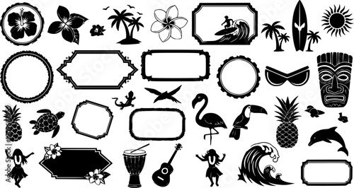 Summer shapes elements. Cartoon Hawaii tropic exotic paradise frames with animal, bird, flower, surf, people, palm tree. Ethnic collage with stamps. Vector set