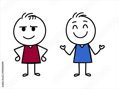 Two stick figures, one smirking and the other smiling, with red and blue shirts