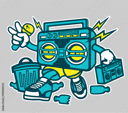 Vintage boombox speaker, retro music player, 80s style illustration