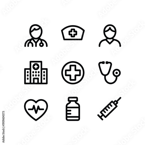 Medical icons depicting healthcare professionals facilities and essential equipment