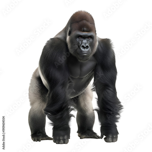 Powerful Silverback Gorilla Standing on White Background , Isolated on Transparent Background 