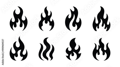 Collection of black flame designs arranged in a grid pattern on white background