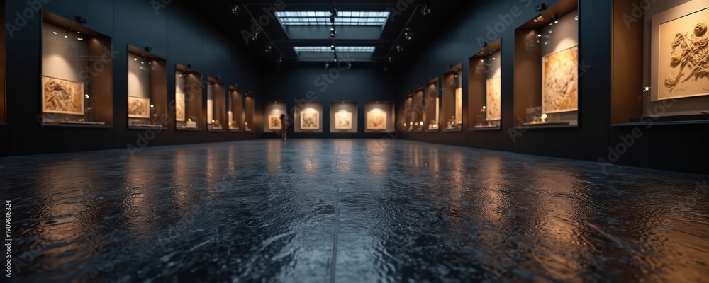 custom made wallpaper toronto digitalModern gallery interior with dark walls and reflective floor. Art pieces displayed in illuminated glass cases. Single visitor observes exhibits in large hall. Dramatic lighting and perspective.