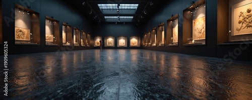 Wallpaper Mural Modern gallery interior with dark walls and reflective floor. Art pieces displayed in illuminated glass cases. Single visitor observes exhibits in large hall. Dramatic lighting and perspective. Torontodigital.ca