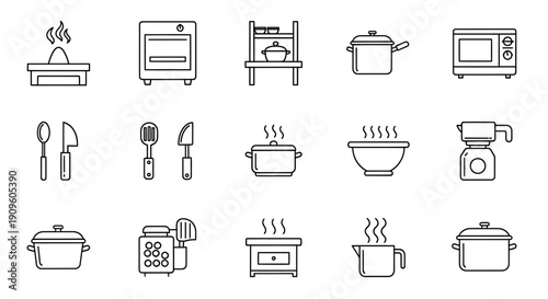 Kitchen appliances and cooking utensils line icons set
