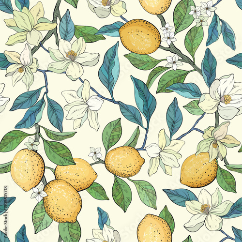 Seamless vector pattern featuring hand drawn lemon branches with ripe citrus fruits, white magnolia blossoms, and green leaves on a light background. Decorative botanical style with a vintage feel