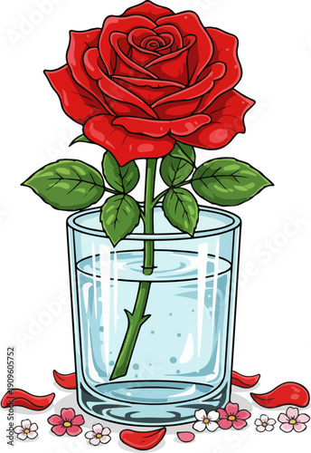 Elegant Valentine Red Rose Glass Vase with Water and Falling Petals Vector