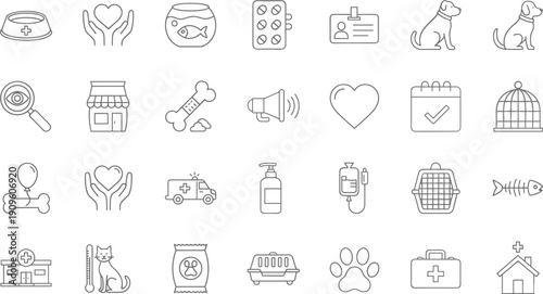 Pet care and veterinary line icon set with dog cat clinic accessories vector illustration collection